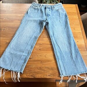 AllSaints Light Blue Helle High-Rise Wide-Leg Jeans with Frayed Hem